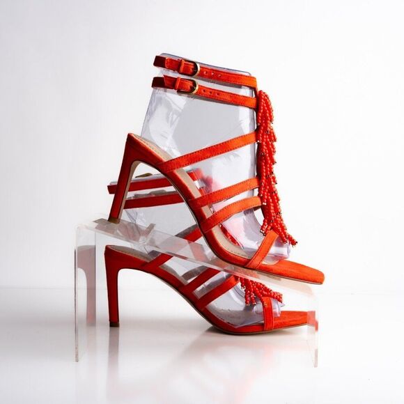 Boden Womens Sandals Heels Orange Strappy Beaded Open Toe Suede US 7 EU 38 - Picture 7 of 10